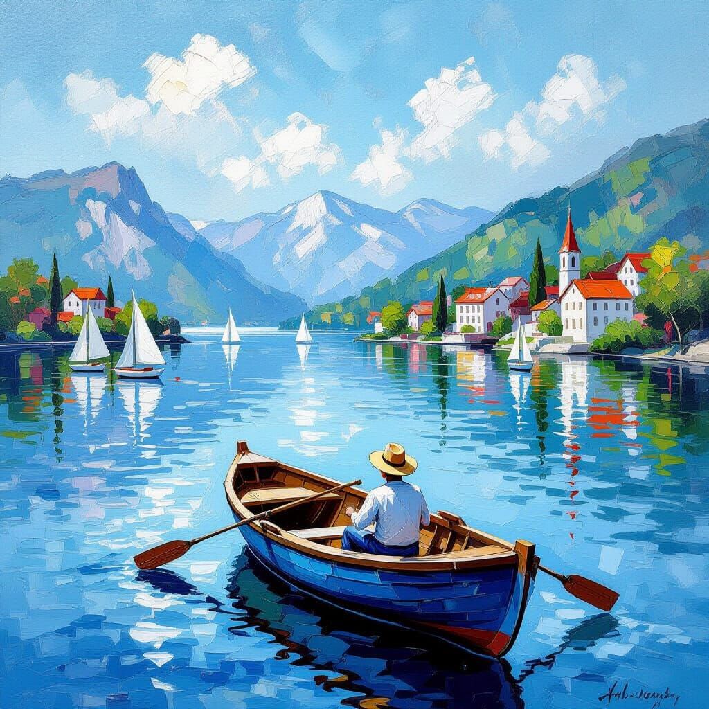 Impressionist Lake Scene with Boat and Surreal Tusk