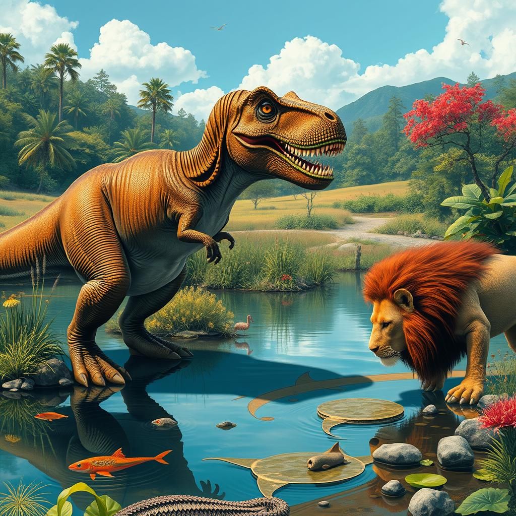 T-Rex Stares at Lion in Murakami-Thorp Style