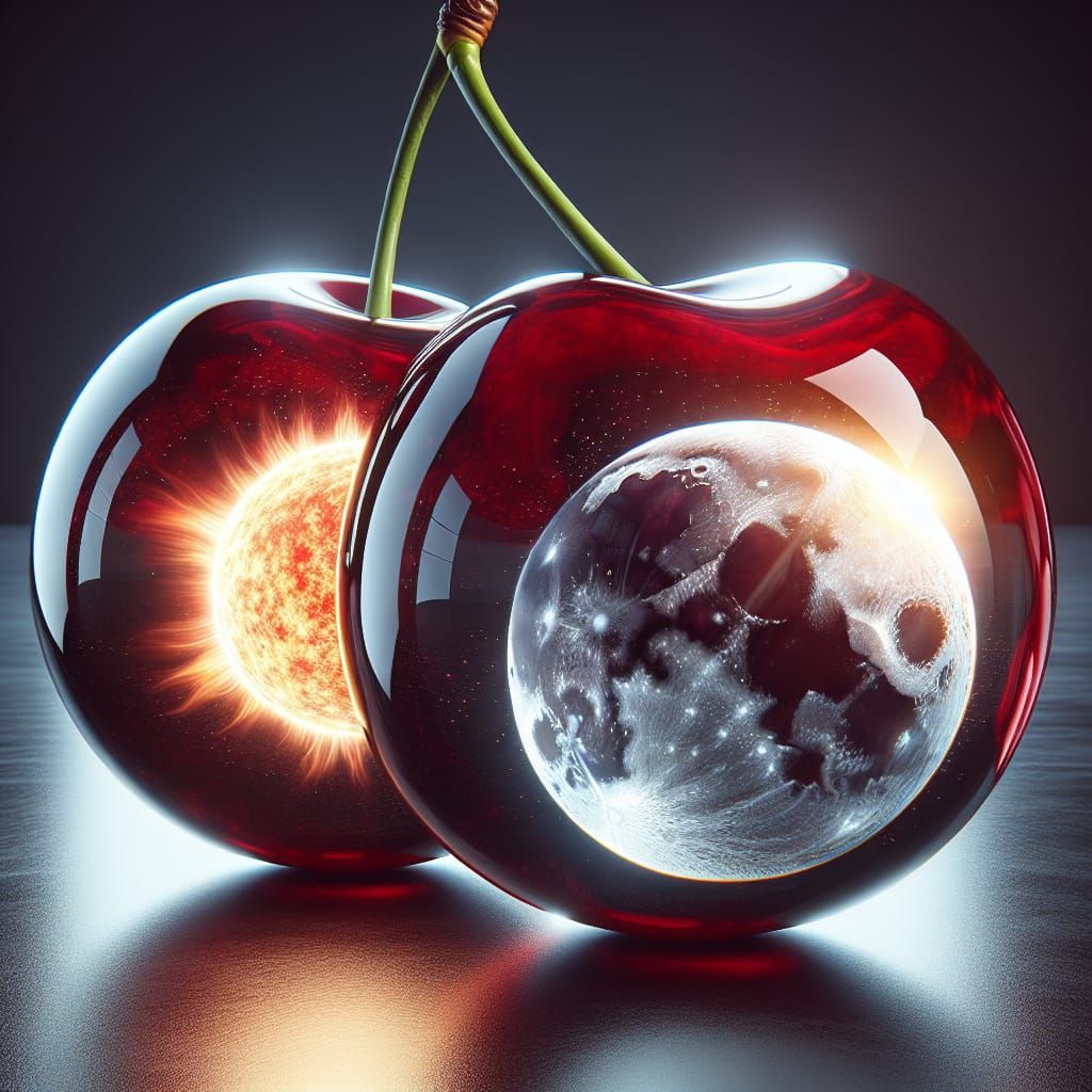 Hyperrealistic Cherries Reflecting Sun and Moon