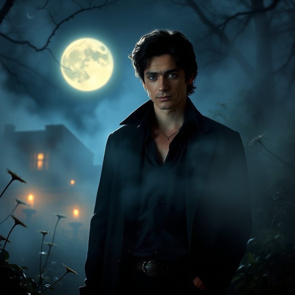 Handsome Vampire in a Misty, Moonlit Garden