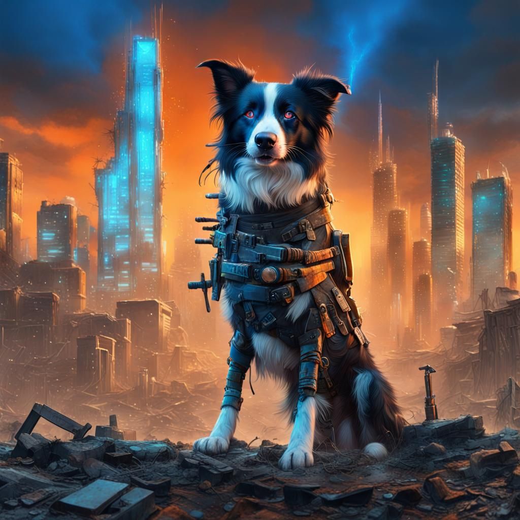 Dystopian Border Collie Warrior in Ruined Cityscape
