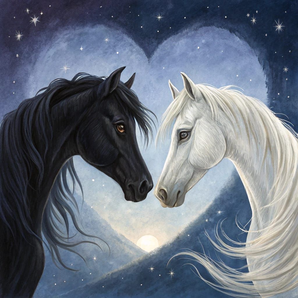 Majestic Horses Form Heart in Starry Night Sky Oil Painting