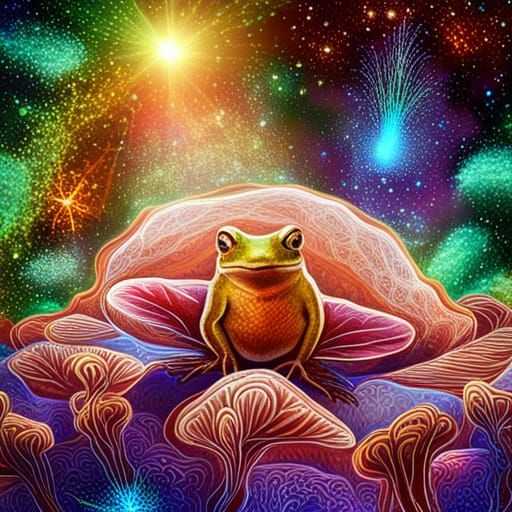 Cosmic Frog in Mushroom Forest, Astral Illustration