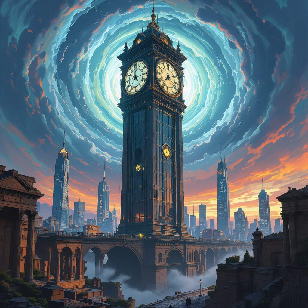 Clock Tower Bridging Eras in Dystopian Landscape