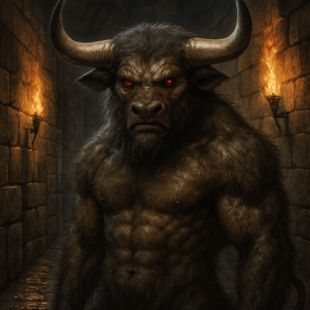 Hyper-Realistic Minotaur in Ancient Labyrinth