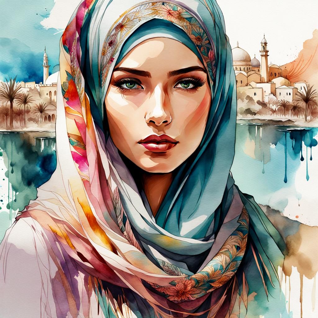 Beautiful Woman in Hijab: Digital Watercolor Illustration
