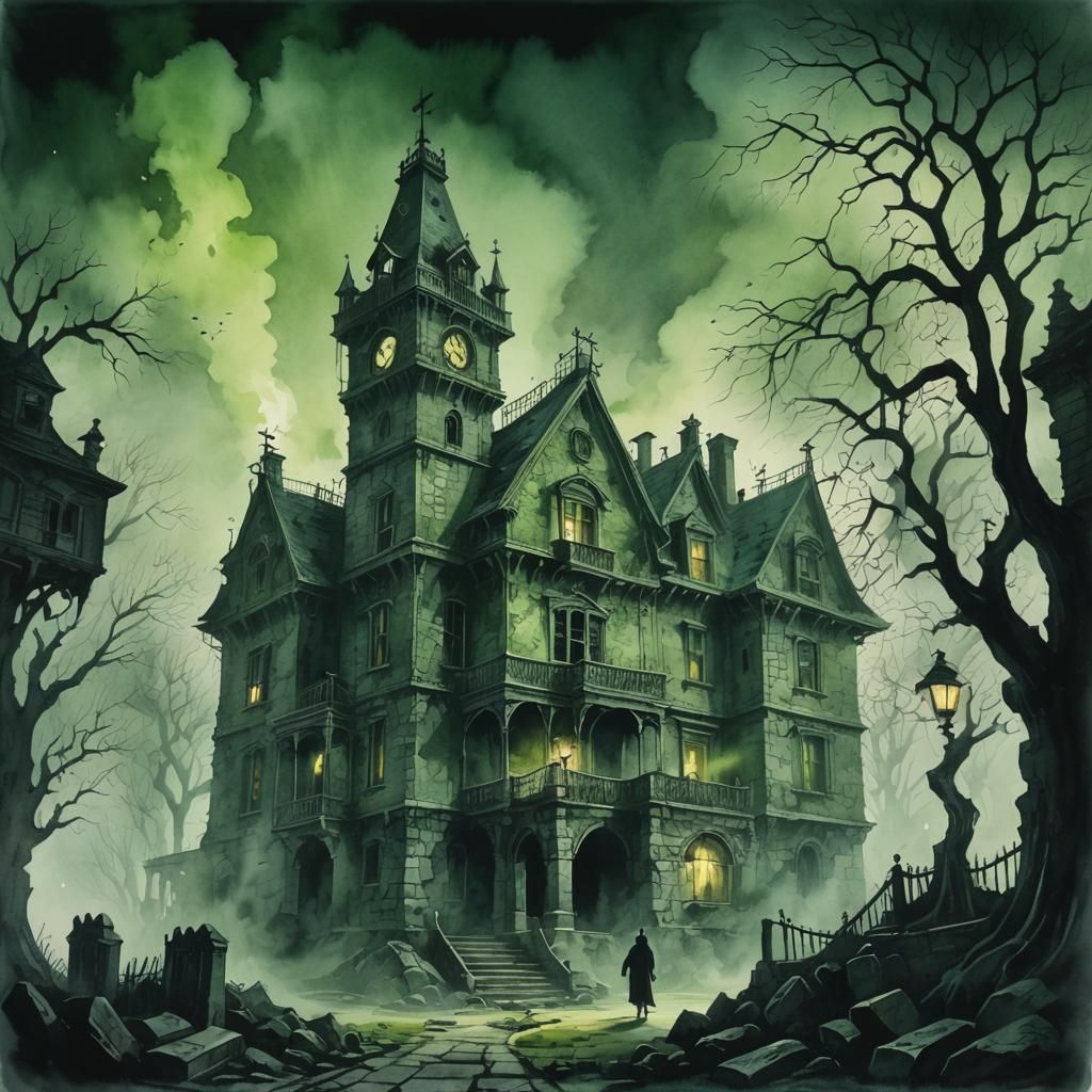 Creepy Ghost in Haunted Mansion: Ominous Watercolor