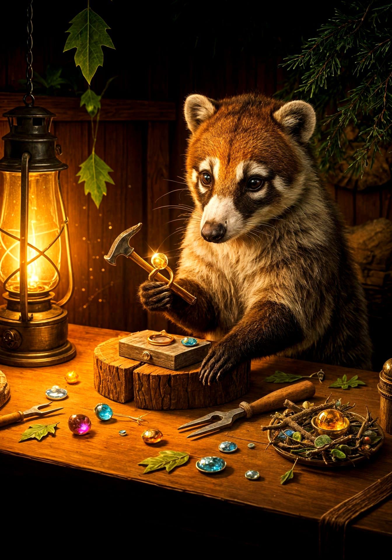 Coati Jeweler Crafting Gemstone Ring in Woodland Workshop