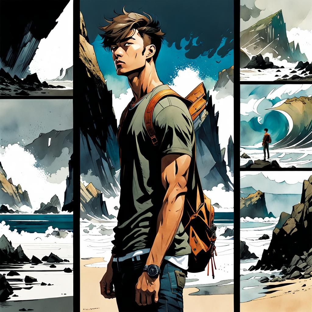 Comic Book Boy on a Rocky Beach