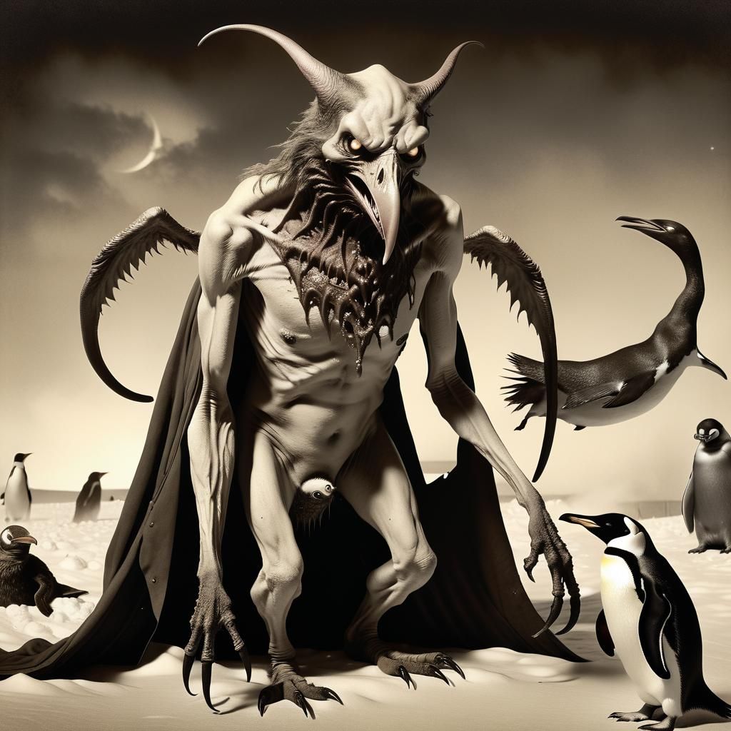 Grotesque Daemon and Penguin in Dark Fantasy Art