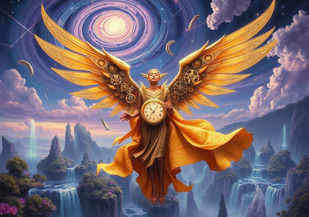 Clockwork Seraphim Soaring Above Ethereal Landscape