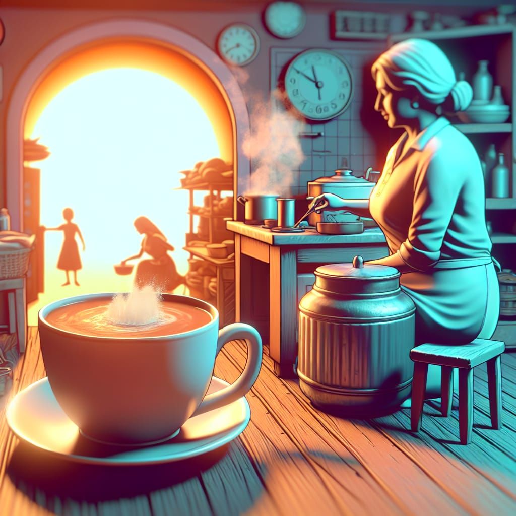 Nostalgic Kitchen Scene with Chai in 3D Style