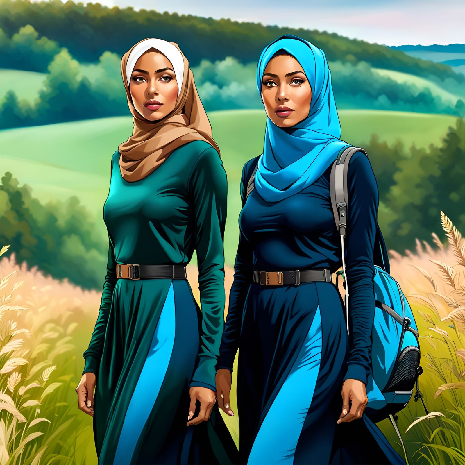 Hijabi Women Hiking Through German Lowlands
