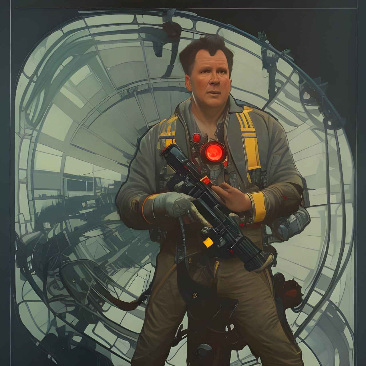 T-800 as Venkman: Sci-Fi Fusion in Poster Art Style