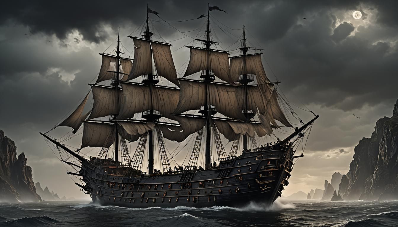 Ghost Ship with Tattered Sails in Dark Fantasy Style