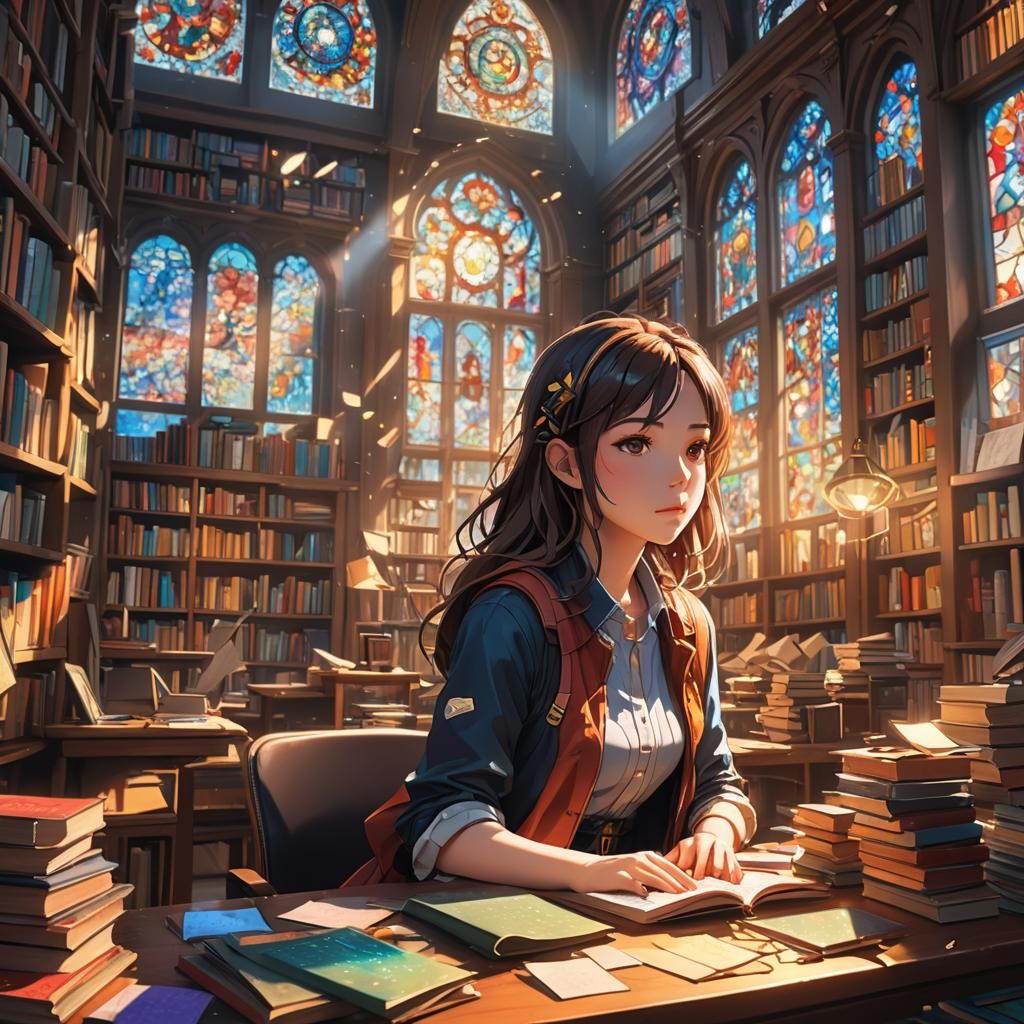 Anime Style: Determined Woman in Sunlit Library