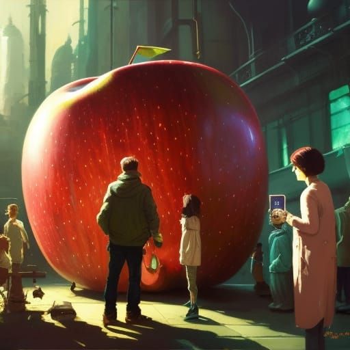 Scientists Admire Giant Apple in Majestic Painting