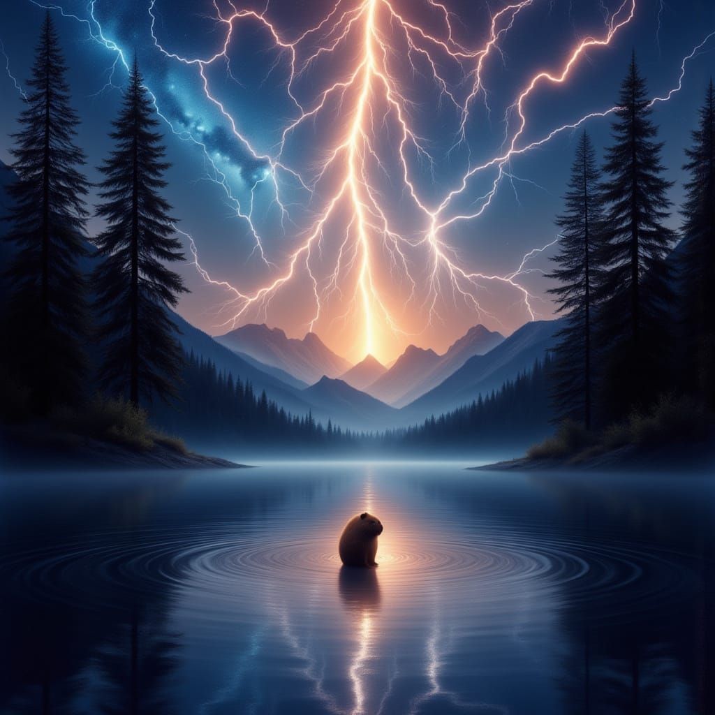 <lora:Voltus Flux:1.0> A capybara in a lightning storm. <lor...