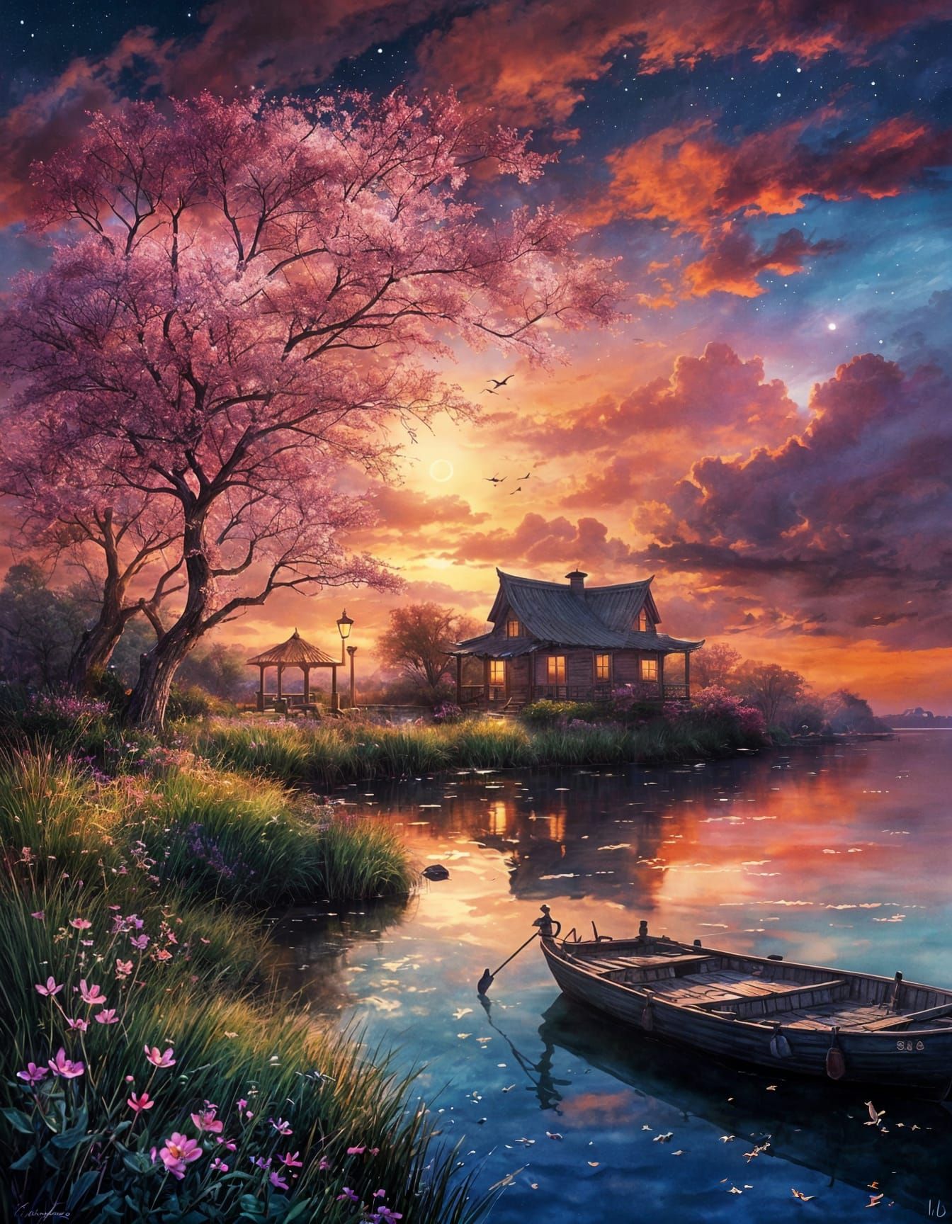 Dreamy Twilight Harbor in Watercolor Style