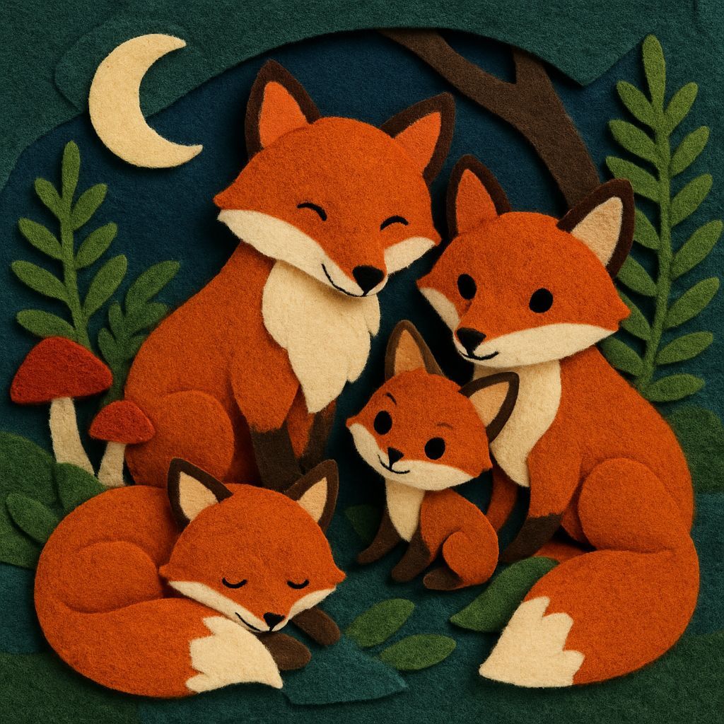 Charming Felt Art: Cozy Fox Family in Woodland