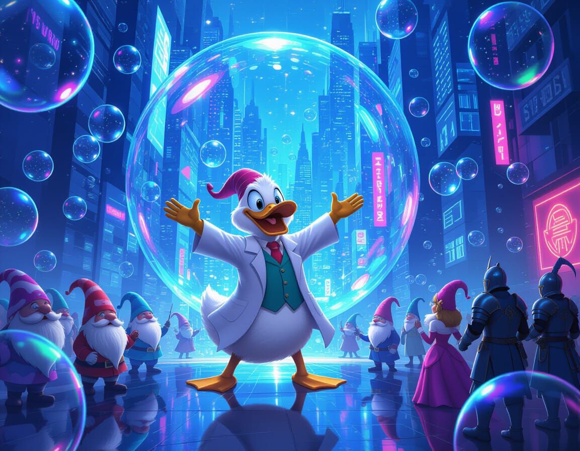 Mad Scientist Duck Throws Futuristic Bubble City Party