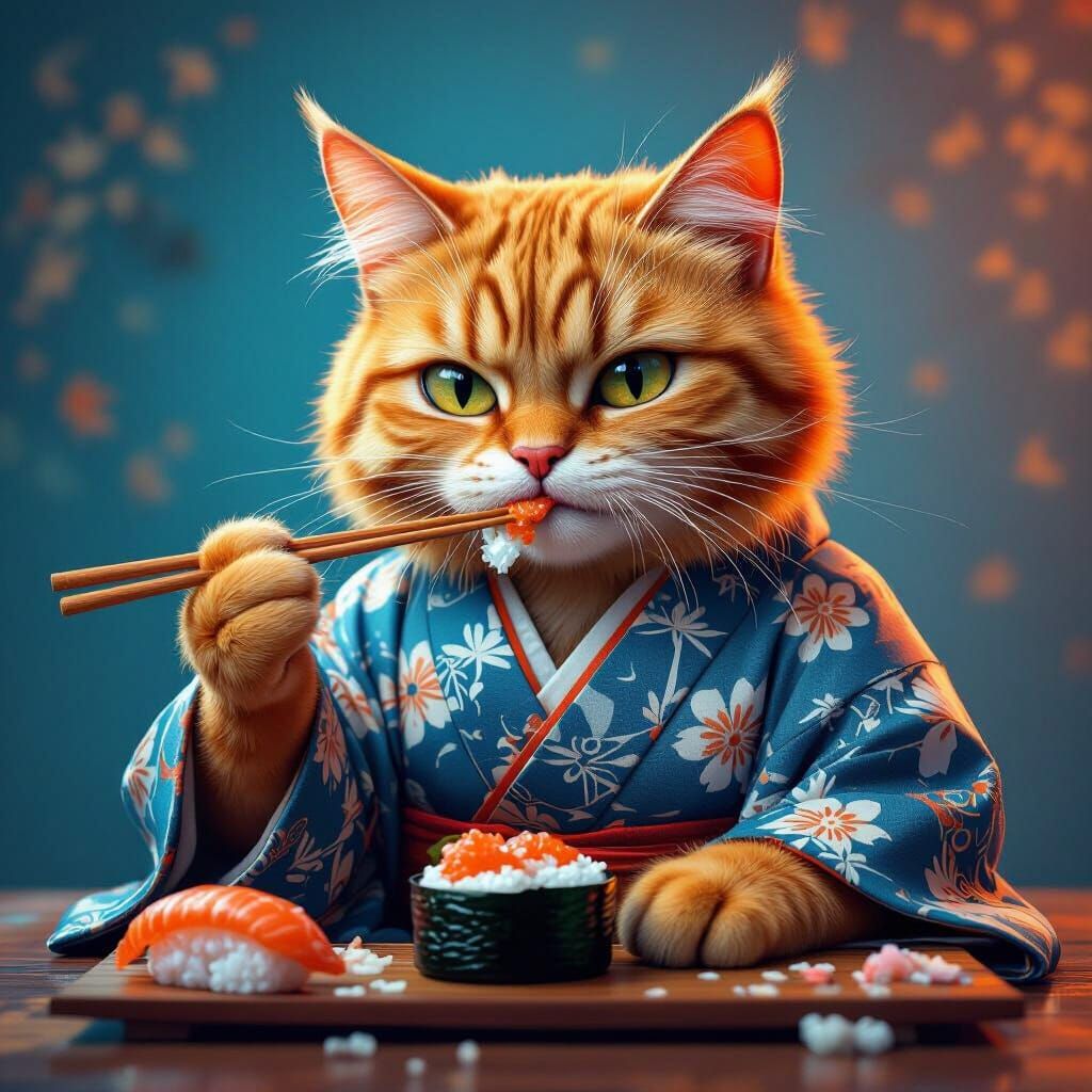 Garfield in Kimono Eats Sushi with Chopsticks - Hyperrealist...