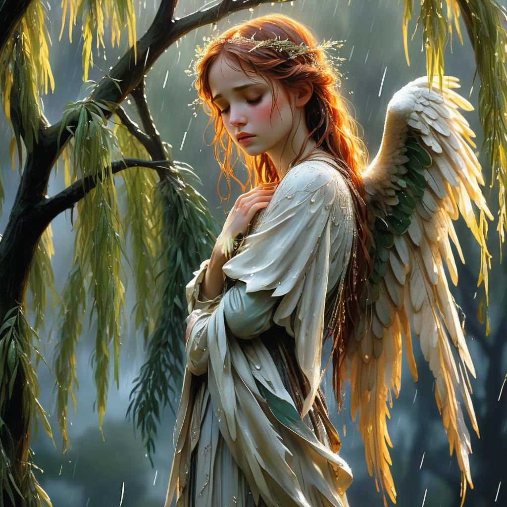 Sorrowful Angel in Rain, Fantasy Concept Art