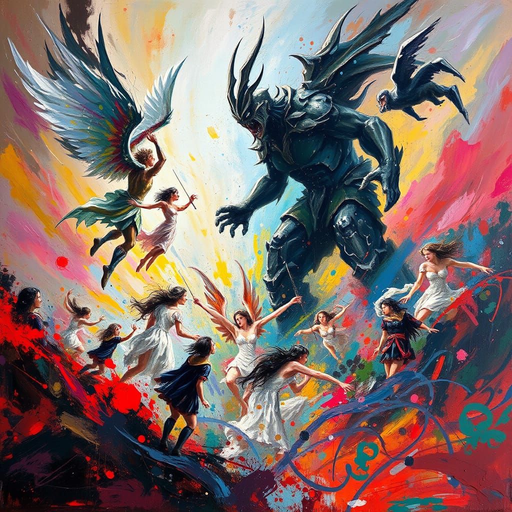 Celestial Beings Battle Titans in Abstract Expressionism