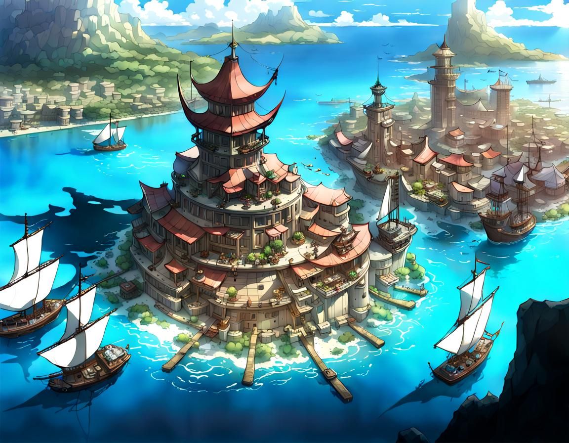 Fantasy Island Trading Port Cityscape with Draconic Sails
