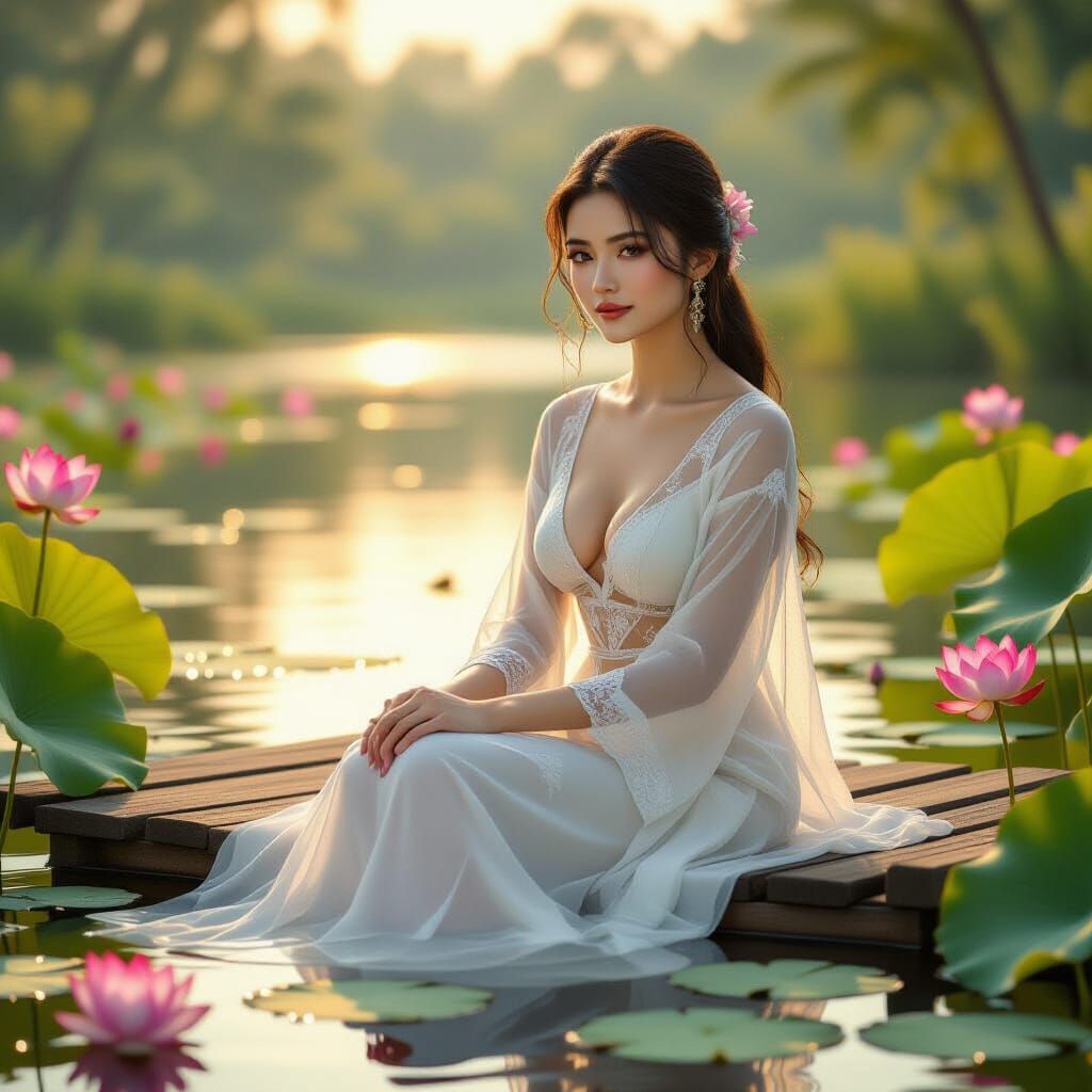 Serene Indonesian Woman in Lotus Pond, Digital Art