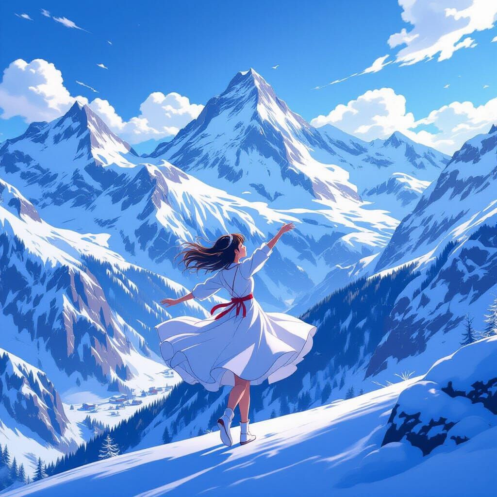 Switzerland Personified Dancing in Snowy Peaks Anime Style