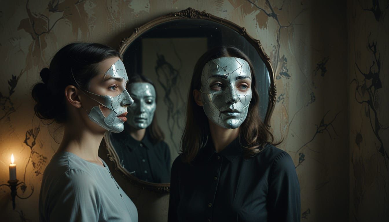 Woman in Front of Cracked Mirror, Holding Mask