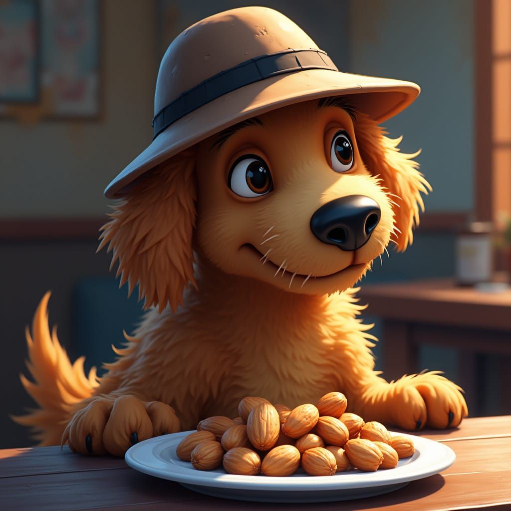 Brown Detective Dog Sits on Table with Nuts