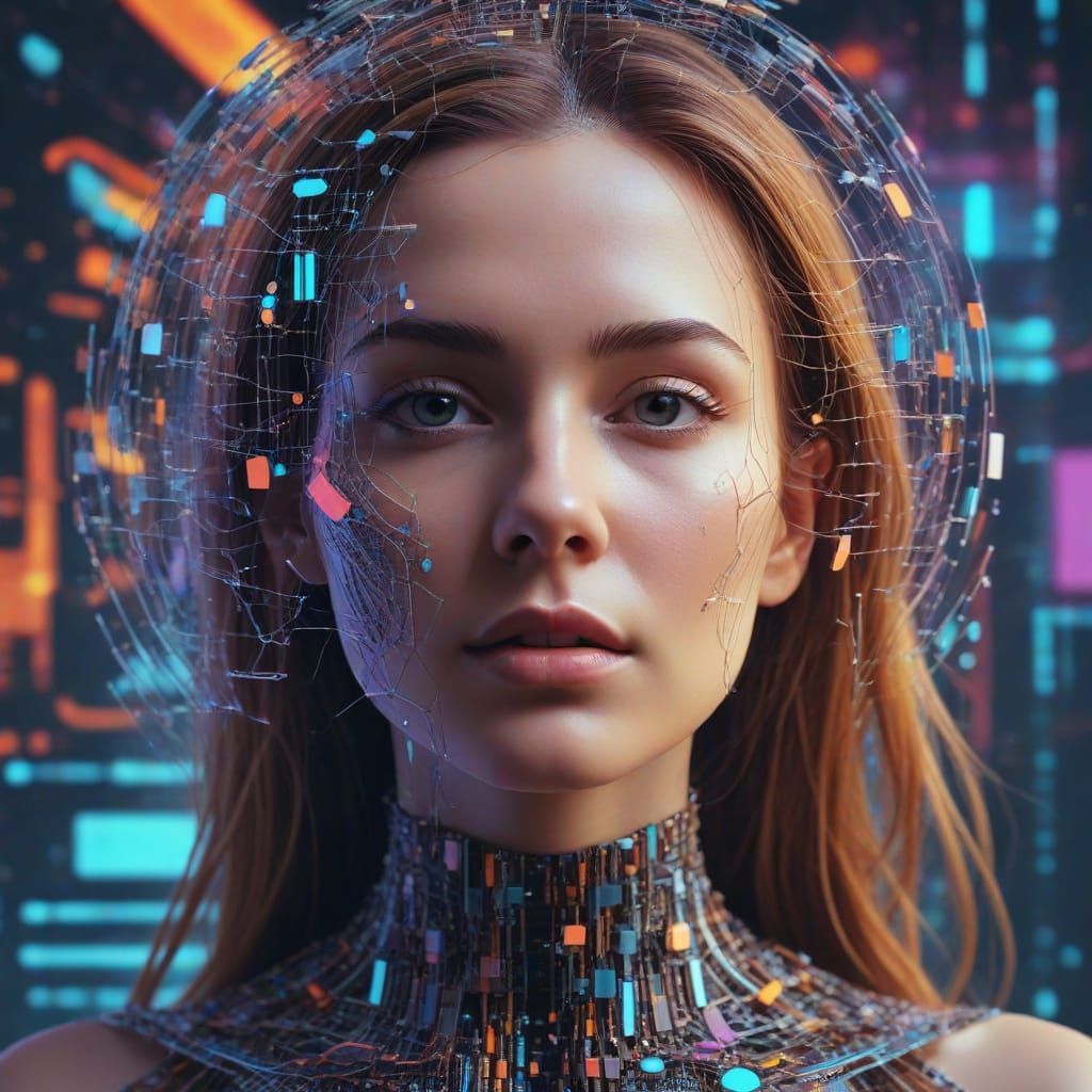 Surreal Woman Surrounded by Digital Code in Psychedelic Styl...