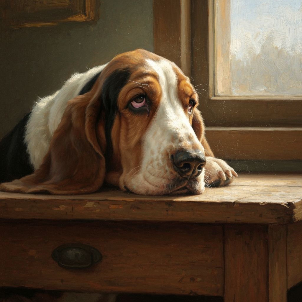 Basset Hound Resting on Antique Table in Morning Light