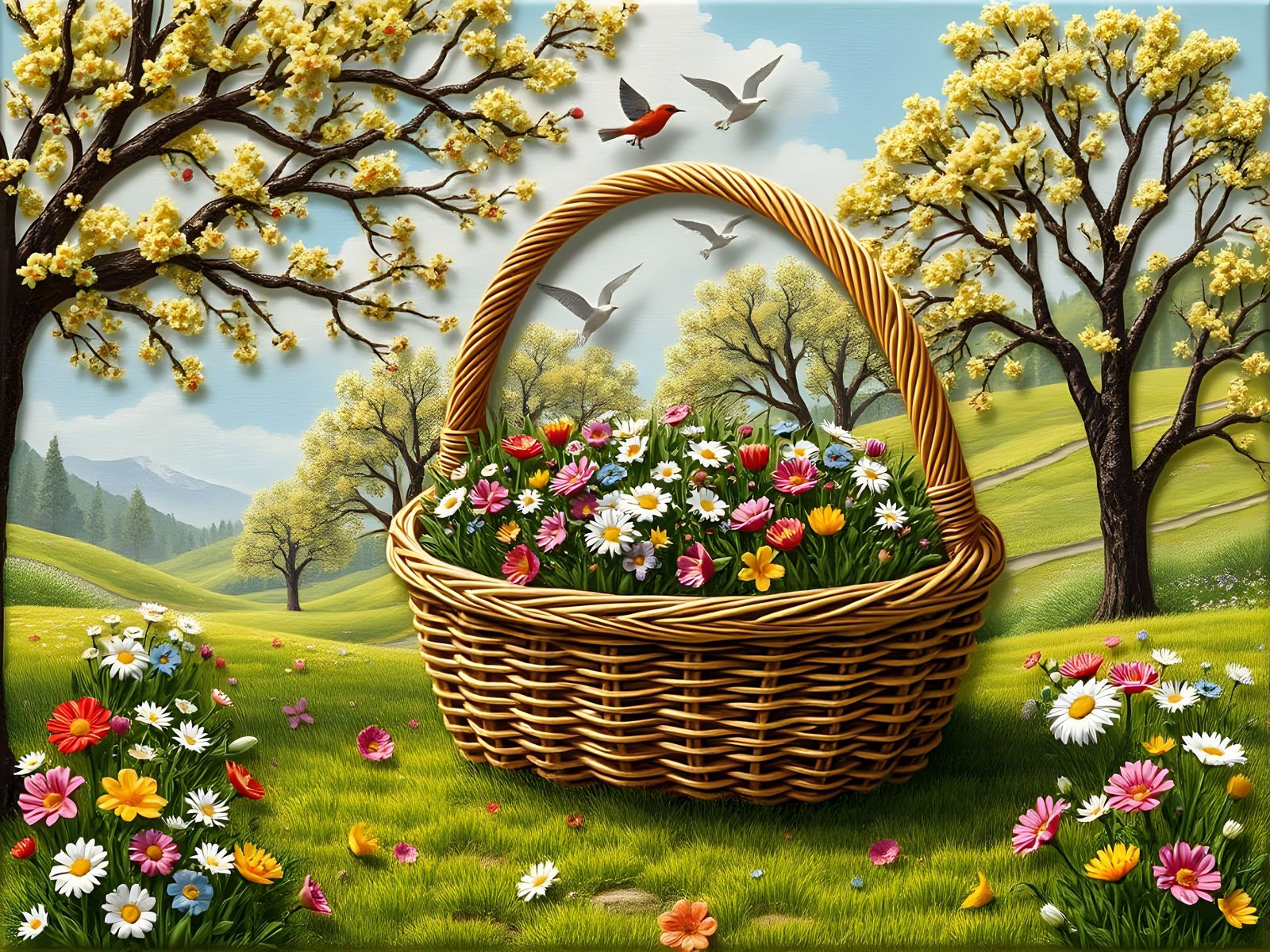 Spring Glade: Flower Meadow in Embroidered Basket