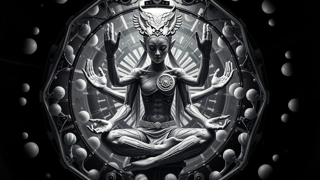 Cyberpunk Alien Meditating Amidst Neon Tube Chaos in a World...