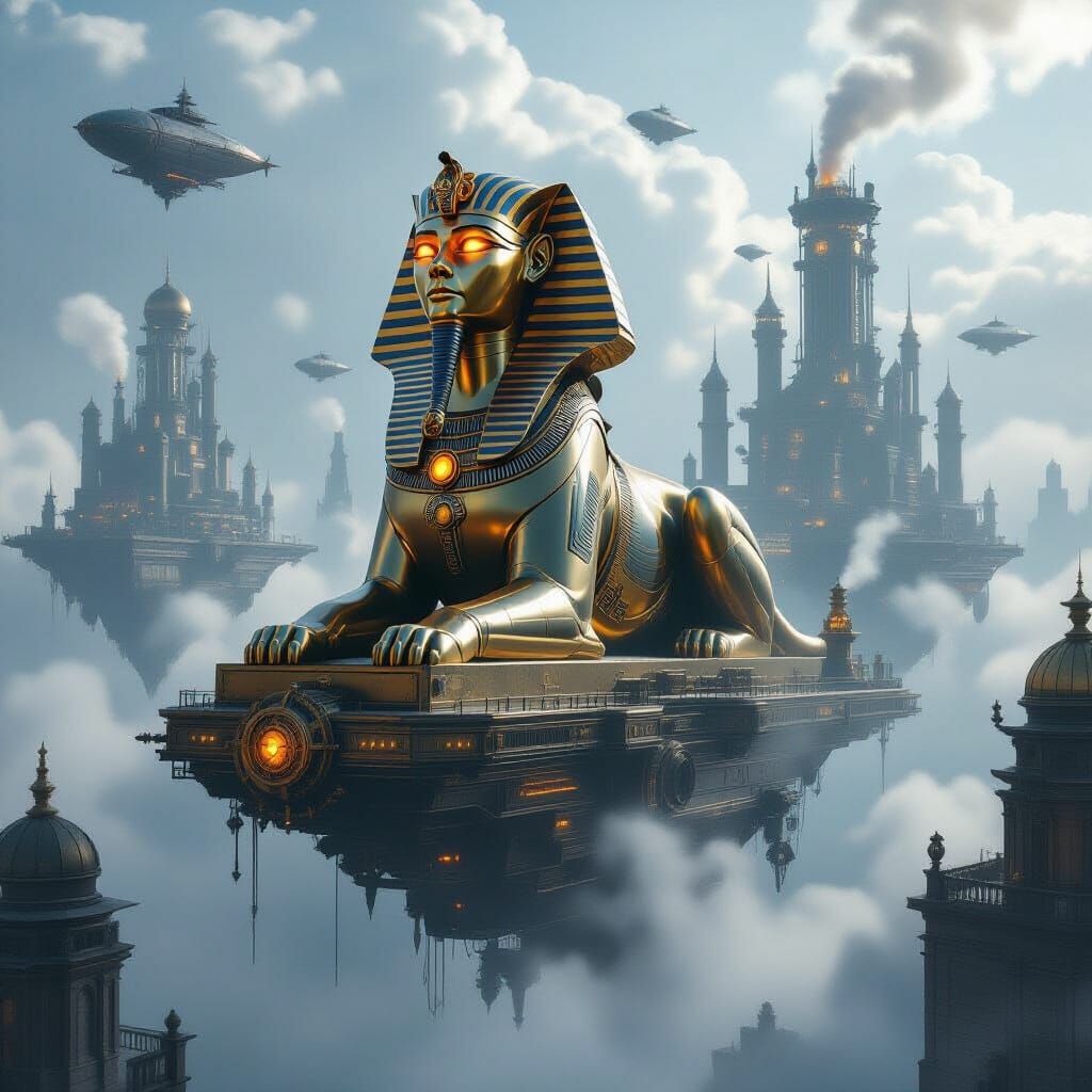 Steampunk Sphinx Over Floating City, Cinematic Style