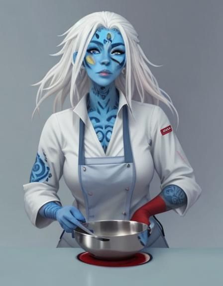 Anime Style Blue-Skinned Chef in Kitchen