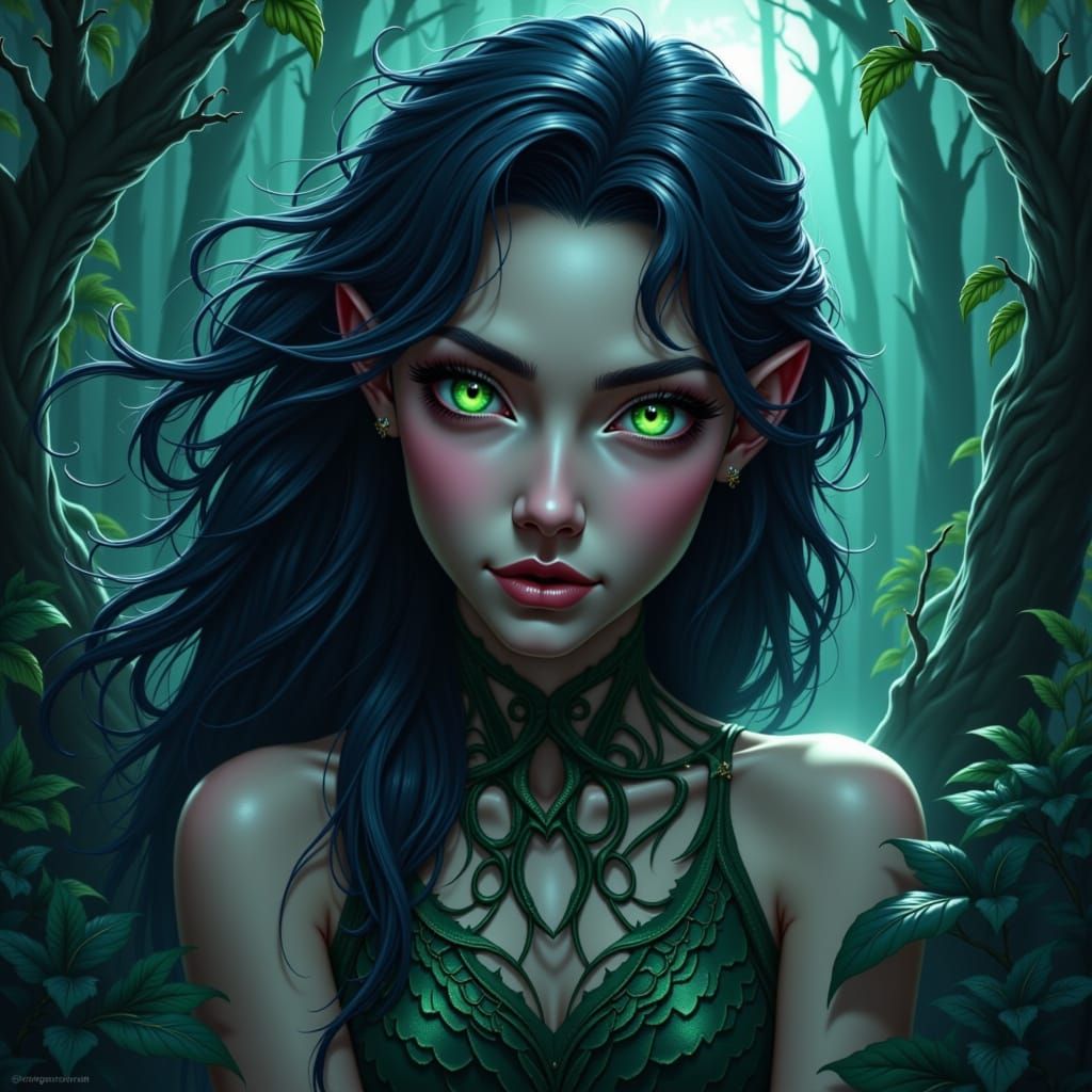 Dark Fantasy Portrait of Woman with Lilac and Venom Eyes