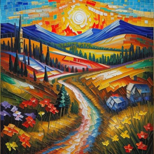 Rustic Mosaic Landscape in Expressionist Impasto Style