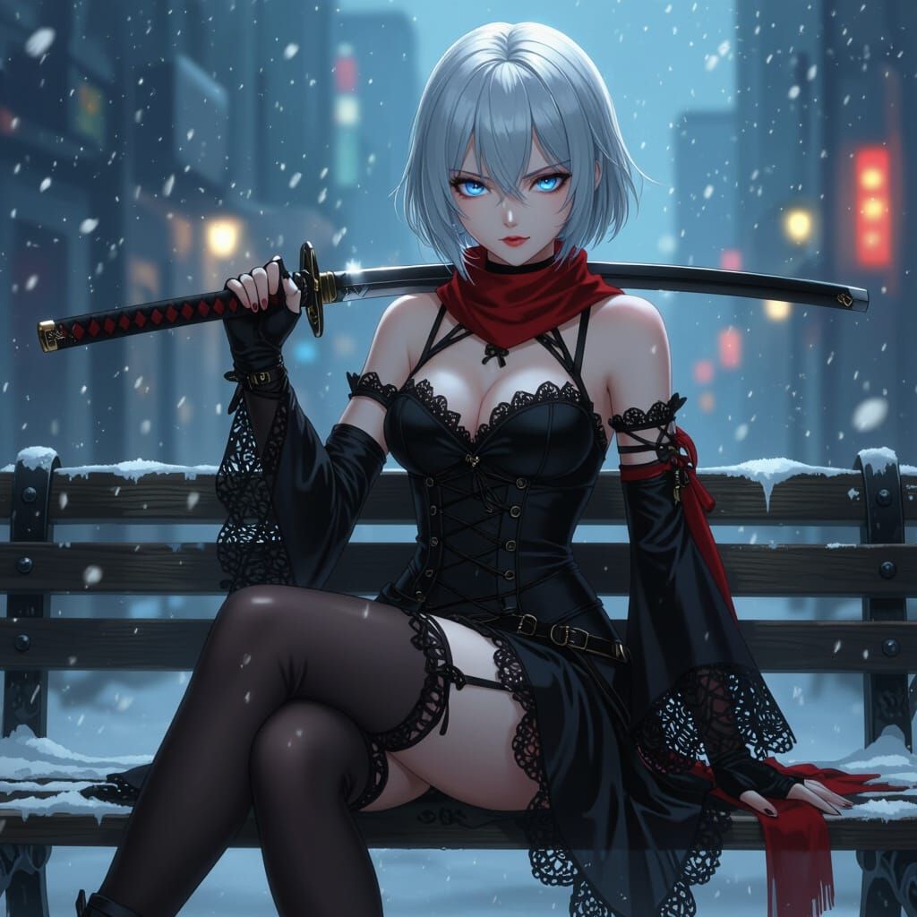 Anime Warrior Woman in Gothic Dress in Snowy Cityscape