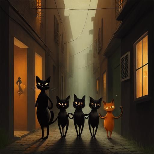 Whimsical Cartoon Cats in Dimly Lit Alleyway
