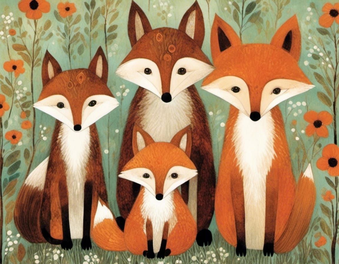Fox Family at Blackberry Hedge Illustration