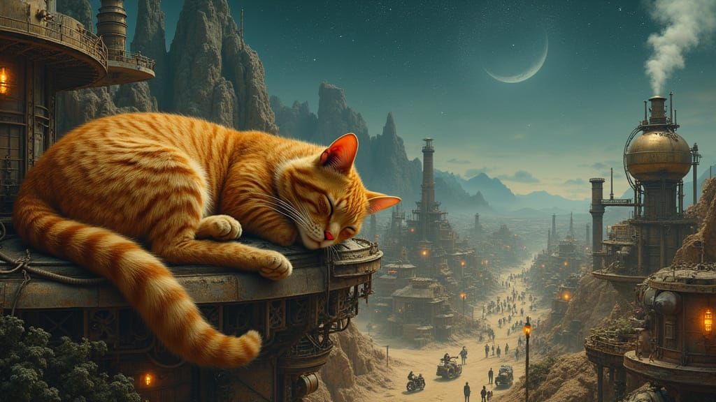 Steampunk Cat in Industrial Desert Landscape
