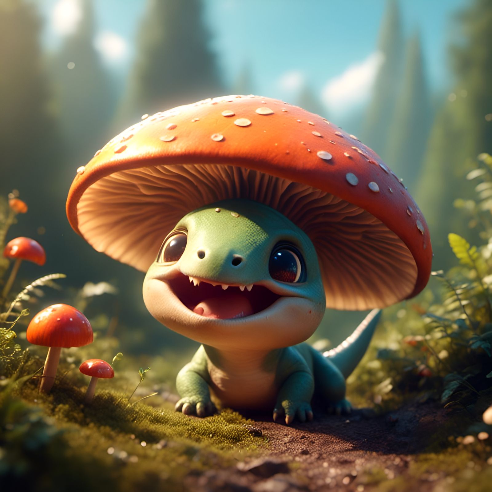 Adorable Dinosaur Mushroom in Animation Style