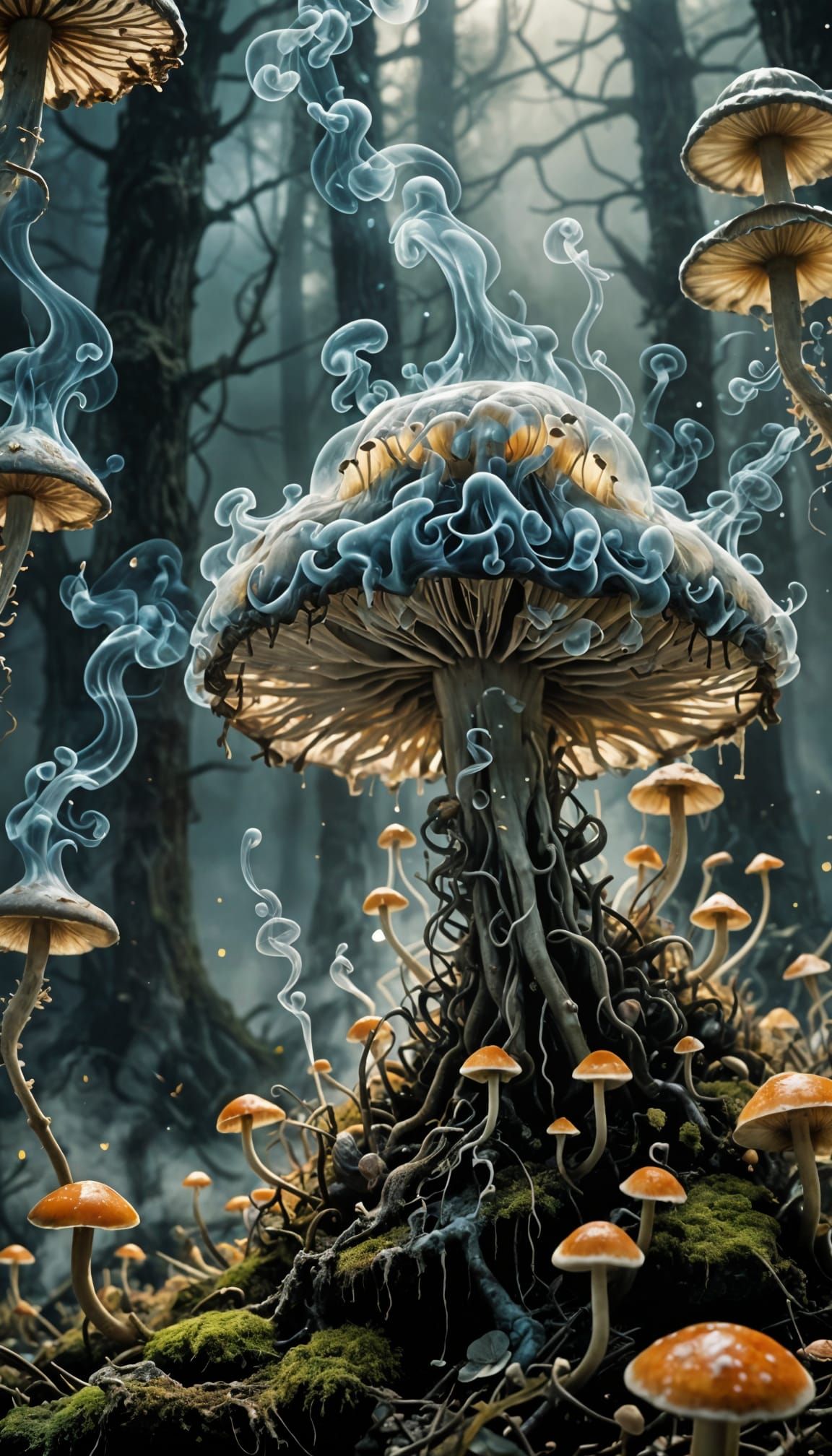 Surreal Bioluminescent Fog Fungi in a Magical Forest