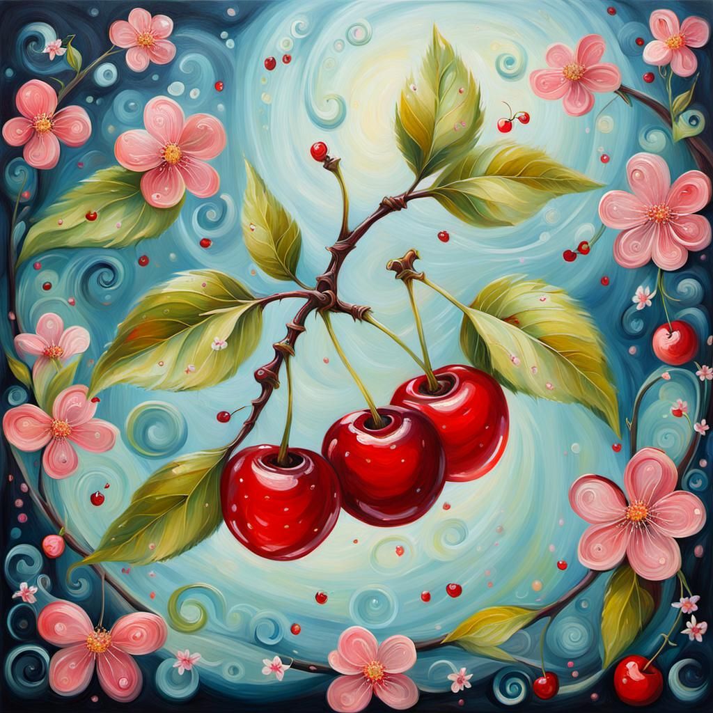 Whimsical Cherries Adorned with Fairy Patterns: Oil Painting