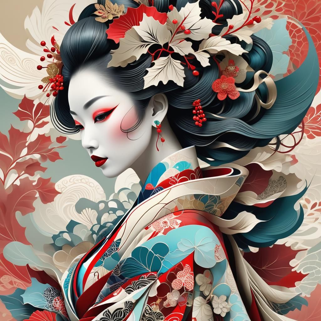 Abstract Fractal Geisha with Leaf Adornments