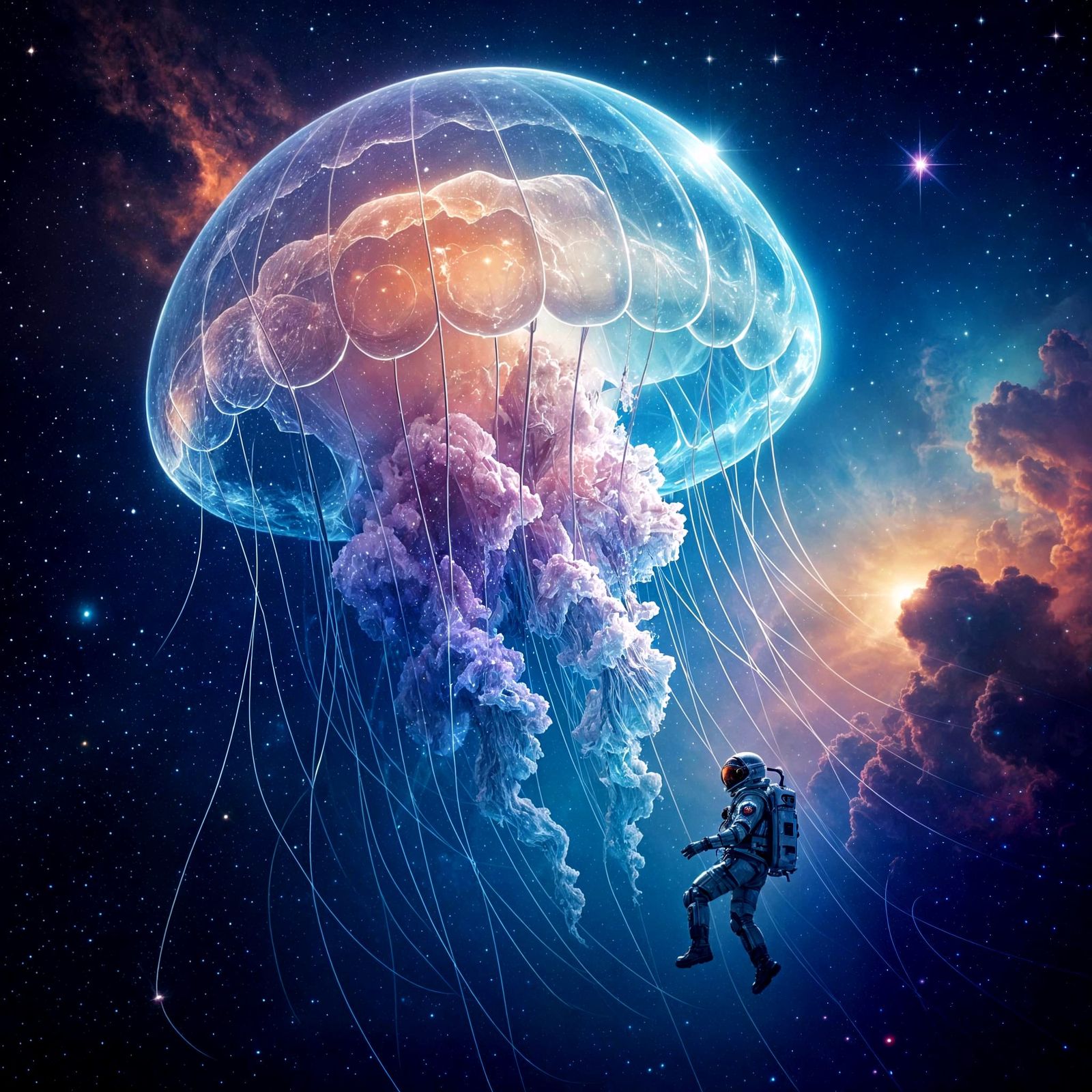 Cosmic Jellyfish with Astronaut in Vibrant Digital Mural Sty...